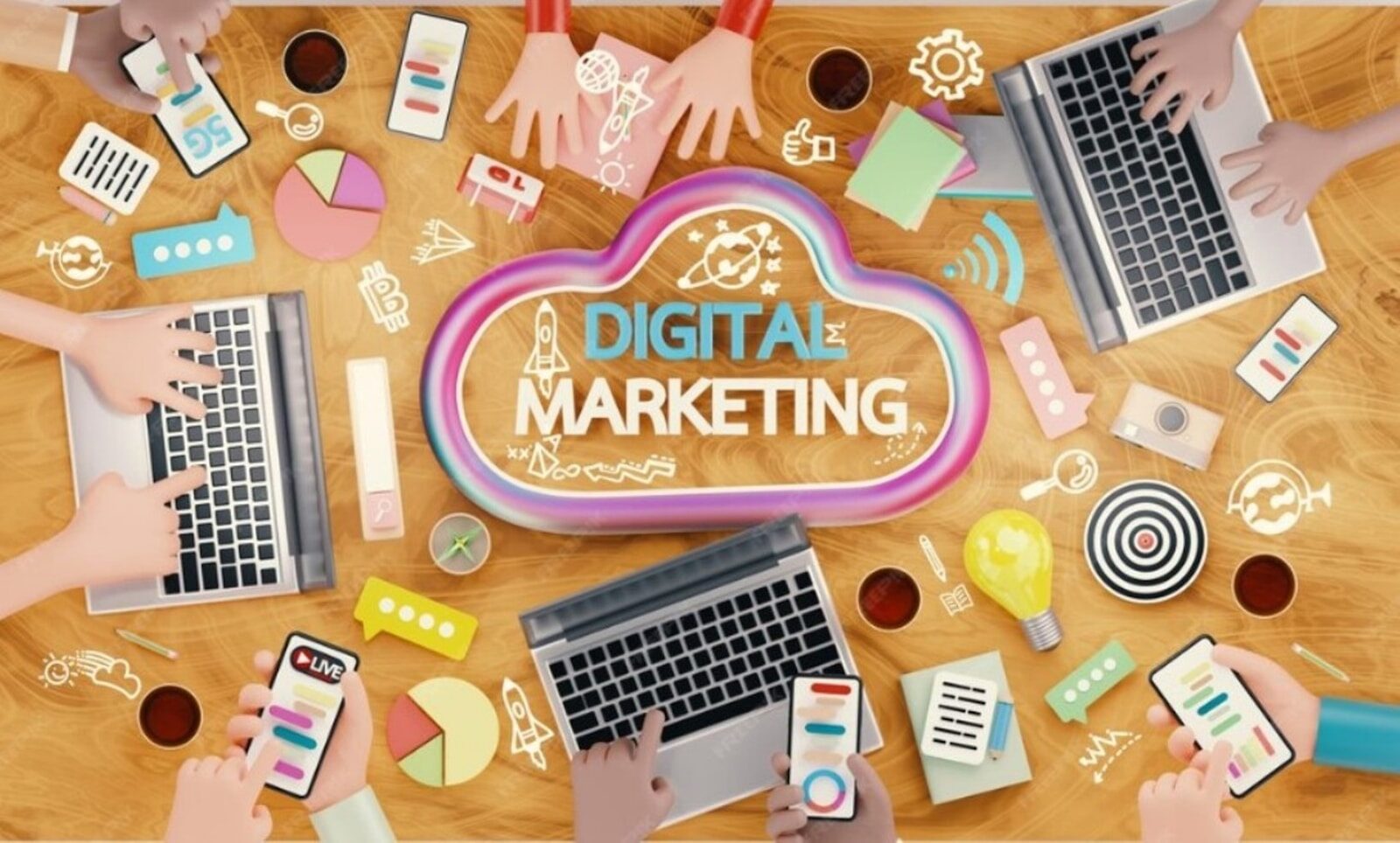 Hands, laptops, and marketing icons surround a 'digital marketing' cloud.